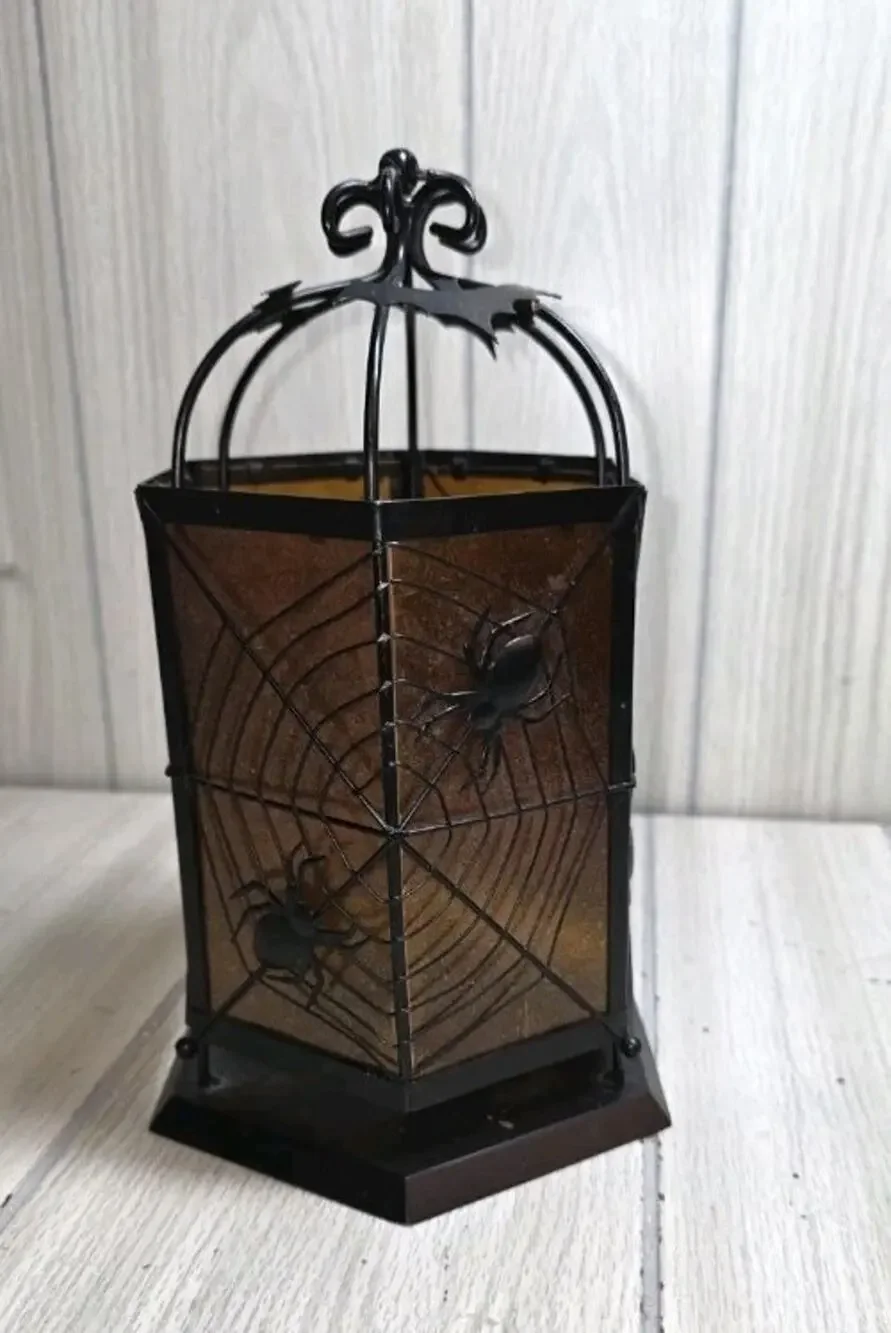 Vtg Halloween Lantern Votive Candle Holder Metal Spider Web Bats Orange Black